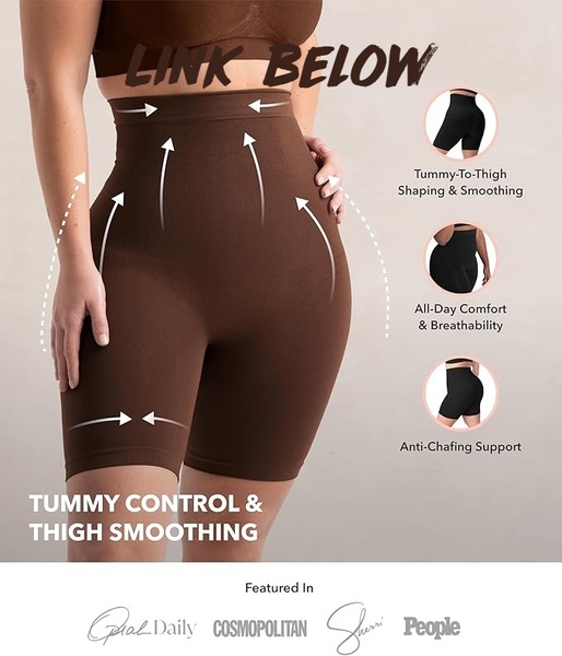 A 4:5 ratio ad for shapewear that uses visual overlays and call-out icons to clearly demonstrate product benefits for improved consumer education.